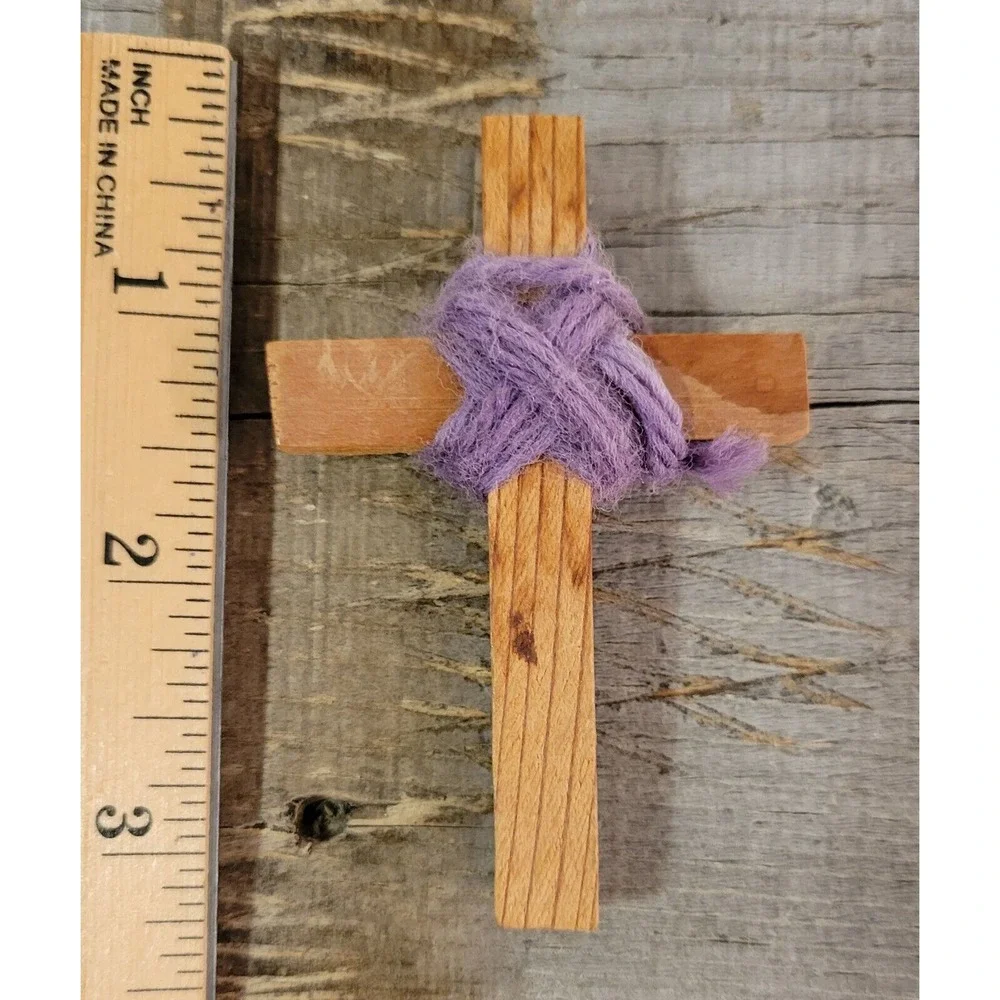 VINTAGE WOODEN CROSS PENDANT With Purple Wrap 3 Inches Large‎